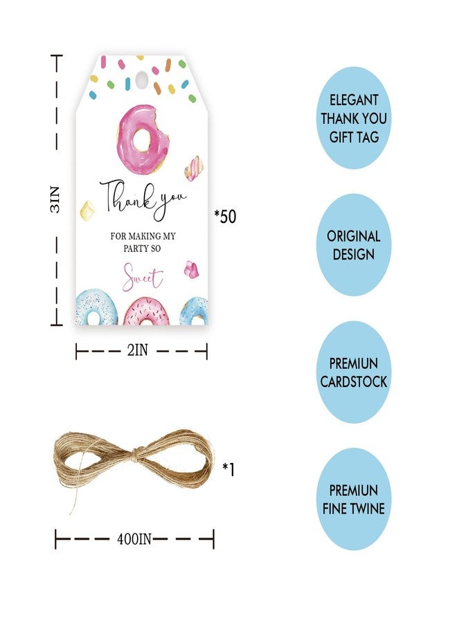 FORSHEEP 50pcs Donut Thank You Tags, Sweet One Gift Tag with String for Donut Themed Party, Thank You Paper Tags for Girl First Birthday/Two Sweet Birthday Party Favors - Image 2